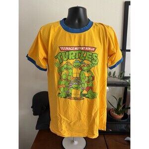 VTG Teenage Mutant Ninja Turtles TMNT Mens M Yellow Blue Ringer T Shirt 90s